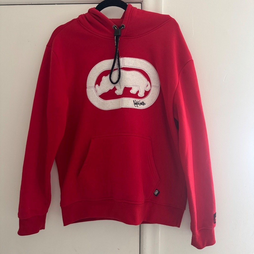 Ecko Unltd Mens Red Pullover Hoodie Large Rhino Patch Logo Streetwear Y2K L